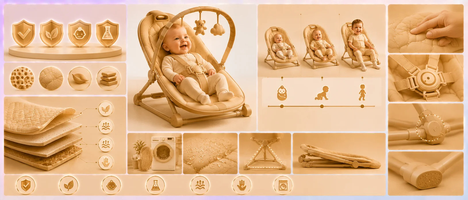 Baby image set — safety certifications, materials, age/size fit and comparison building trust