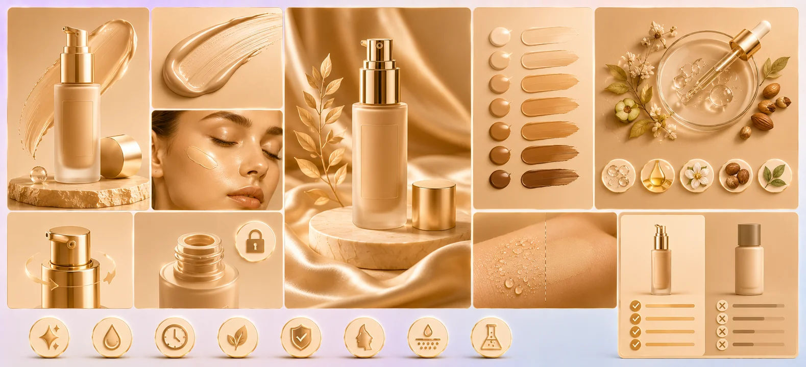 Beauty image set — texture swatch, shade range, ingredients and comparison signaling premium