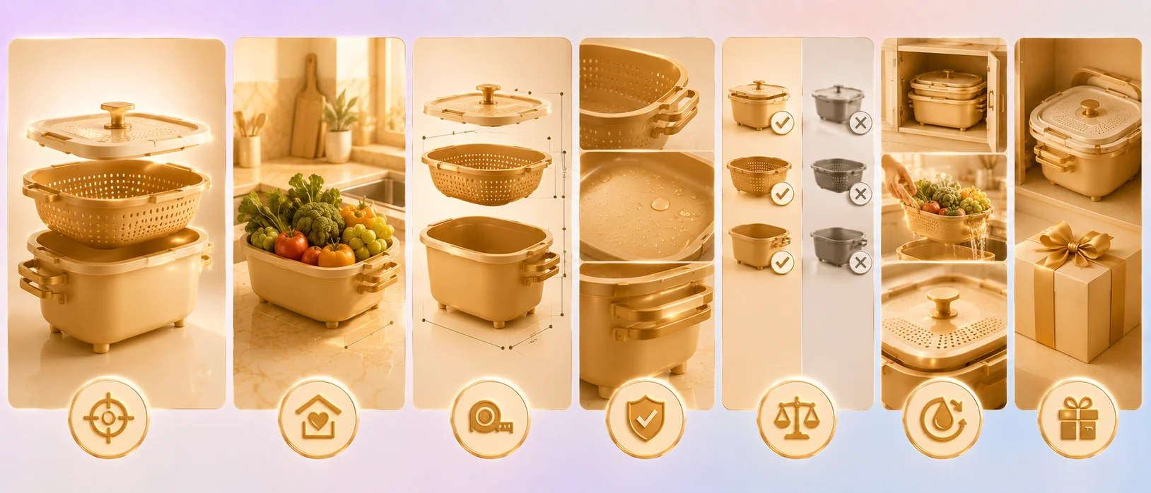 Kitchen & Home image set — scale, lifestyle, material quality and comparison