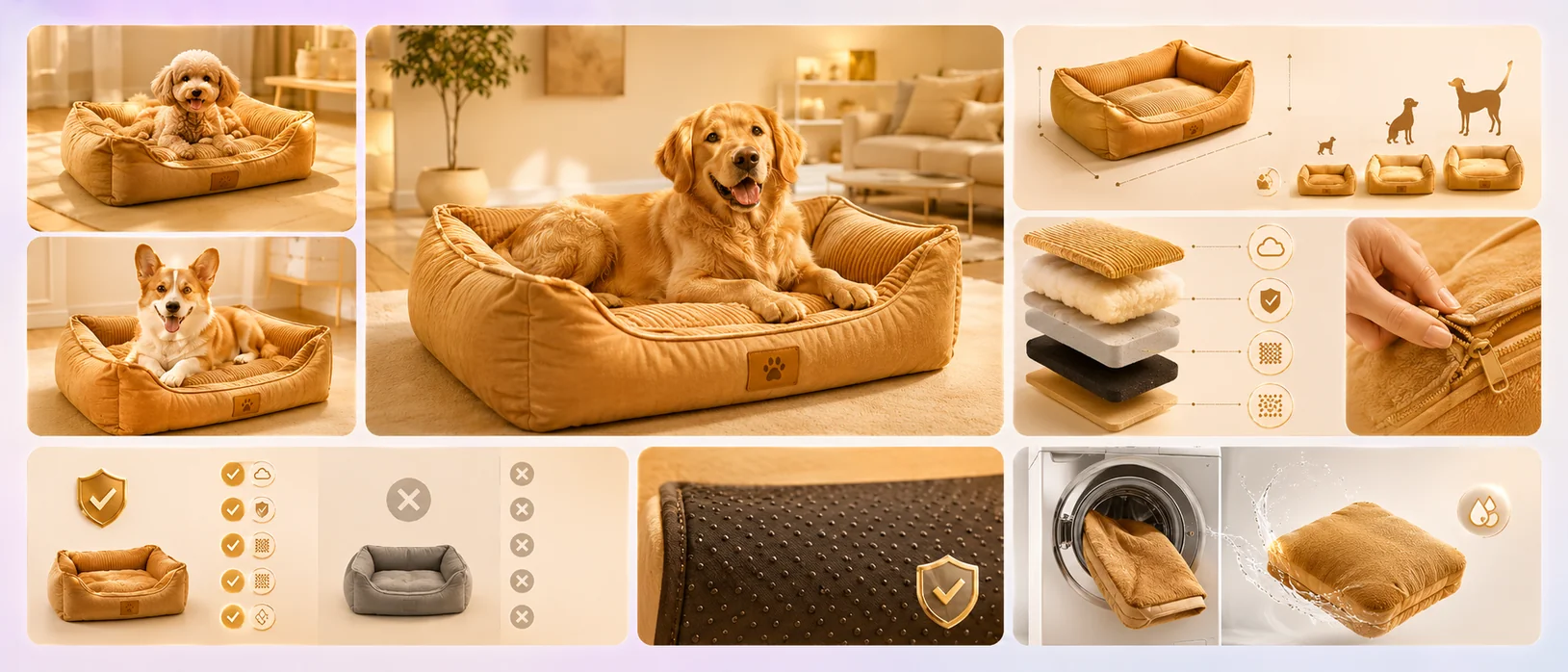 Pet image set — product on a pet, sizing, safety and comparison vs the generic clone
