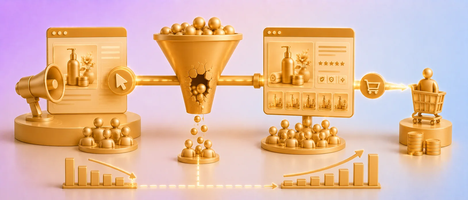 A paid Amazon click lands on the product page and leaks without converting — the funnel hole is the page