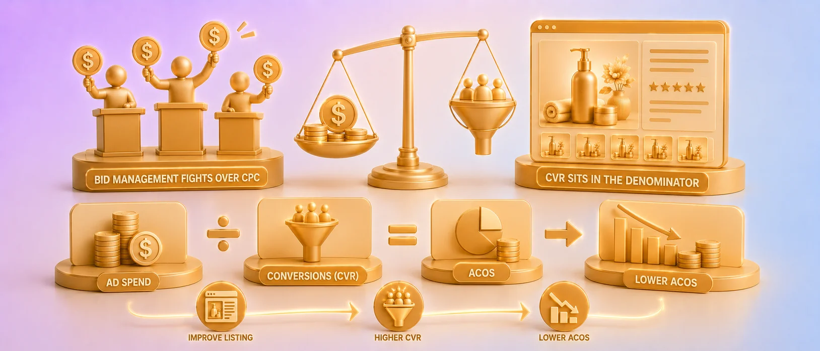 ACOS formula breakdown — bid management touches only CPC while CVR in the denominator has the most headroom